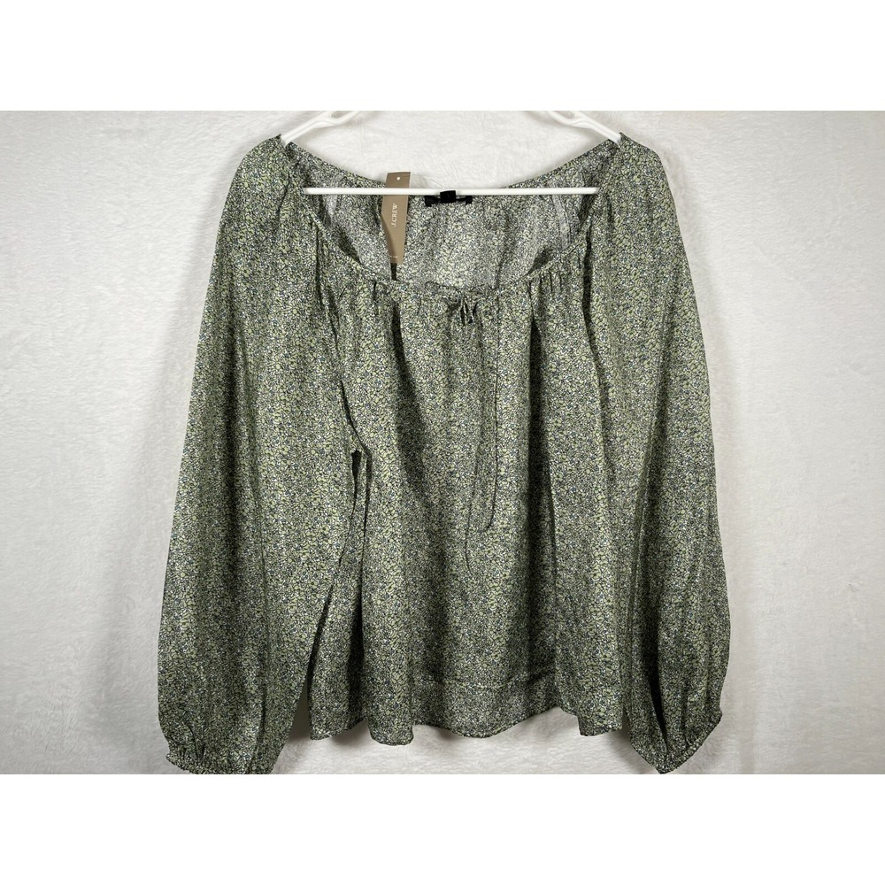 J.Crew Green Floral Peasant Blouse Women's Large Tie Front Flowy Top NWT Boho